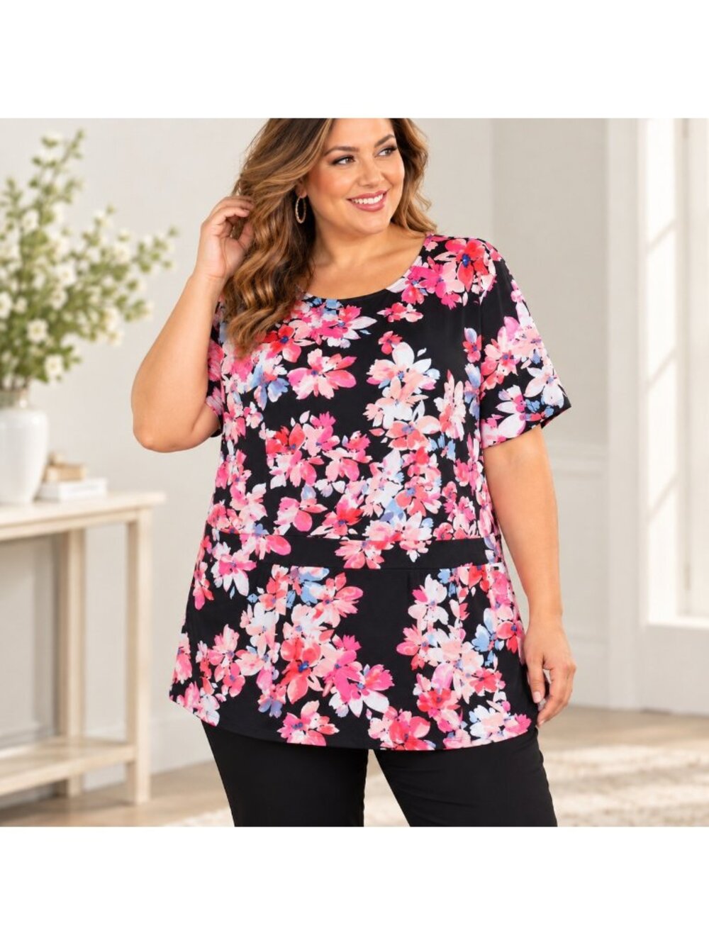 Liz Claiborne Career Woman Top 3X Black Pink Floral Tunic Stretch Plus Size